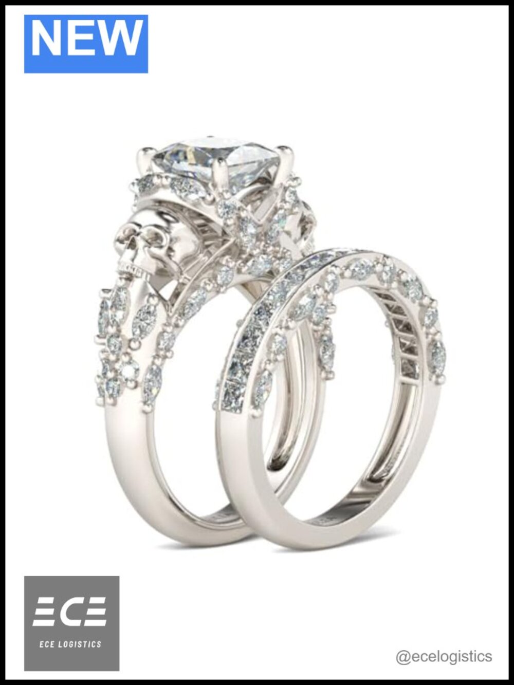 Sterling Silver Skull Engagement Ring Set Princess Cut CZ Eternity Band